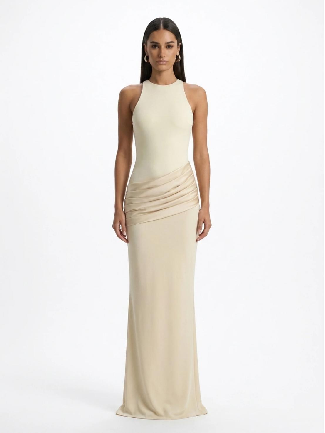 RILEY Women's Crew-Neck Maxi Dress with Satin Skirt