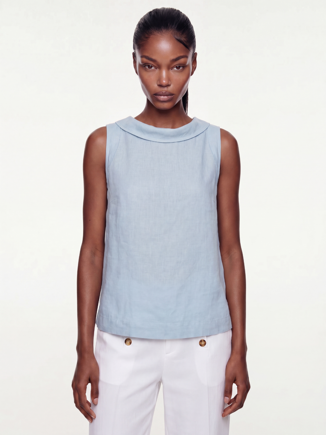 VIVIENNE Women's Sleeveless Roll-Collar Linen Top