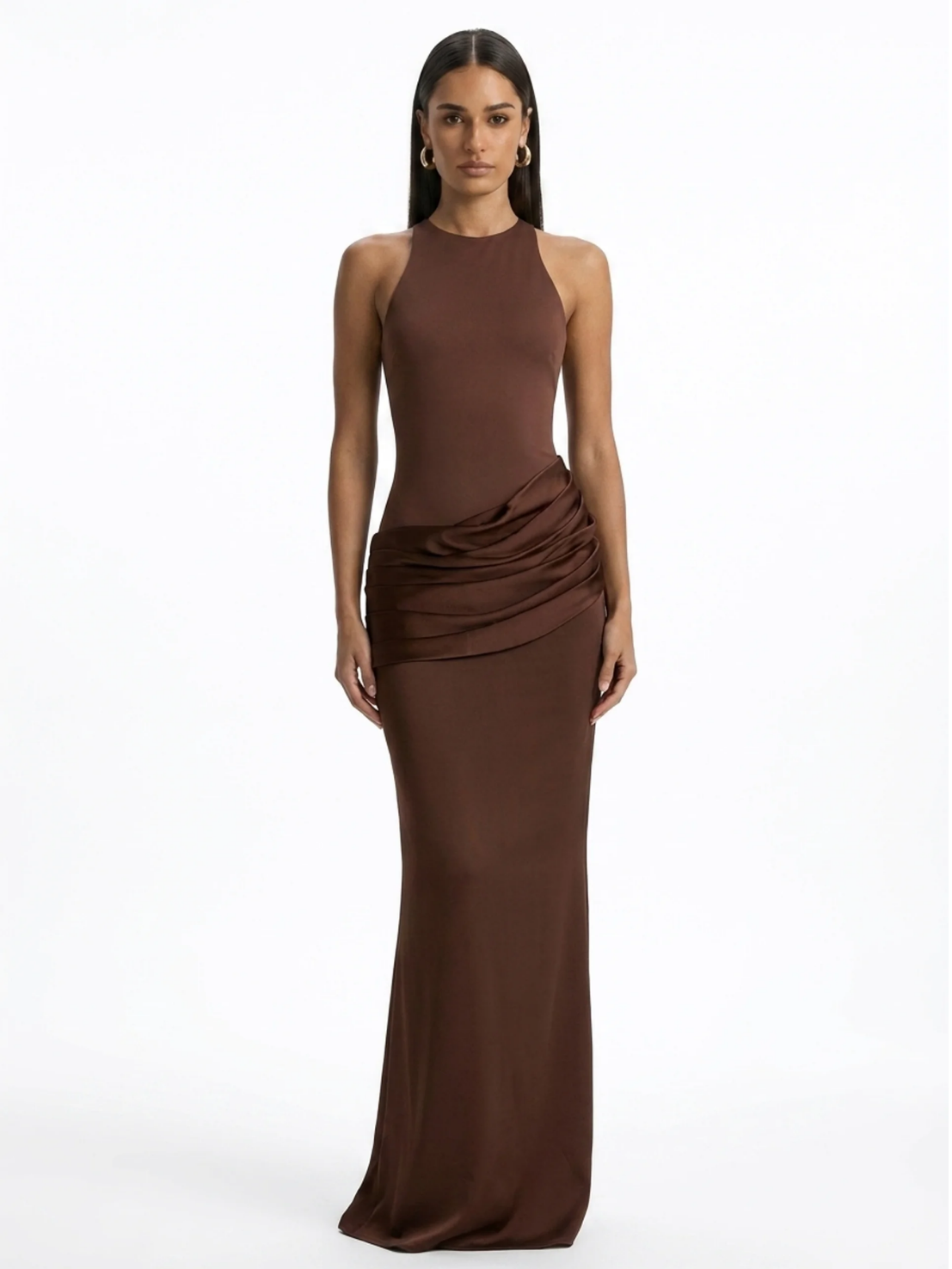 RILEY Women's Crew-Neck Maxi Dress with Satin Skirt
