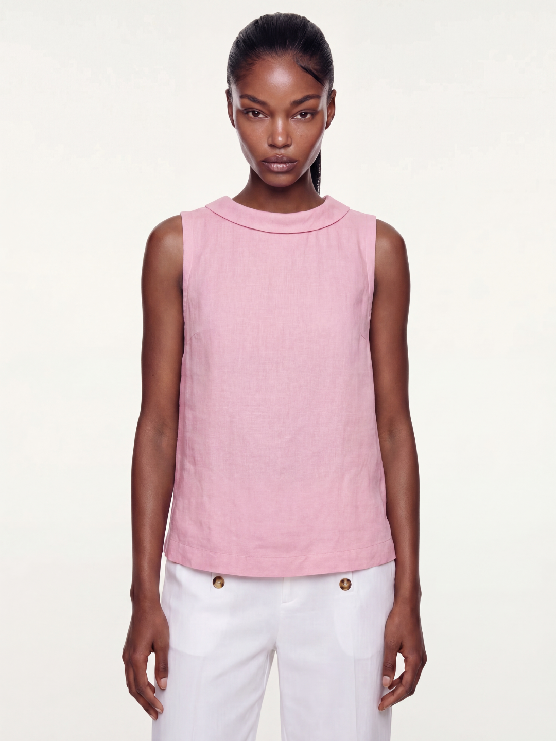 VIVIENNE Women's Sleeveless Roll-Collar Linen Top