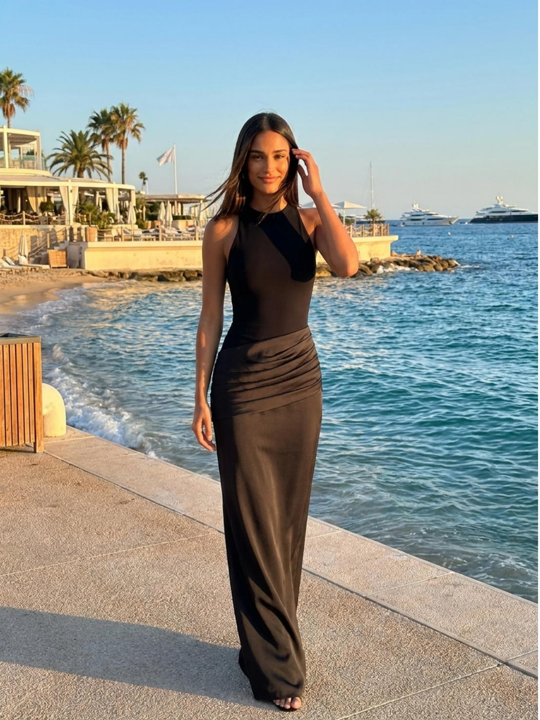 RILEY Women's Crew-Neck Maxi Dress with Satin Skirt