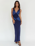 LIESEL Women's V-Neck Contrast Panel Satin Maxi Dress