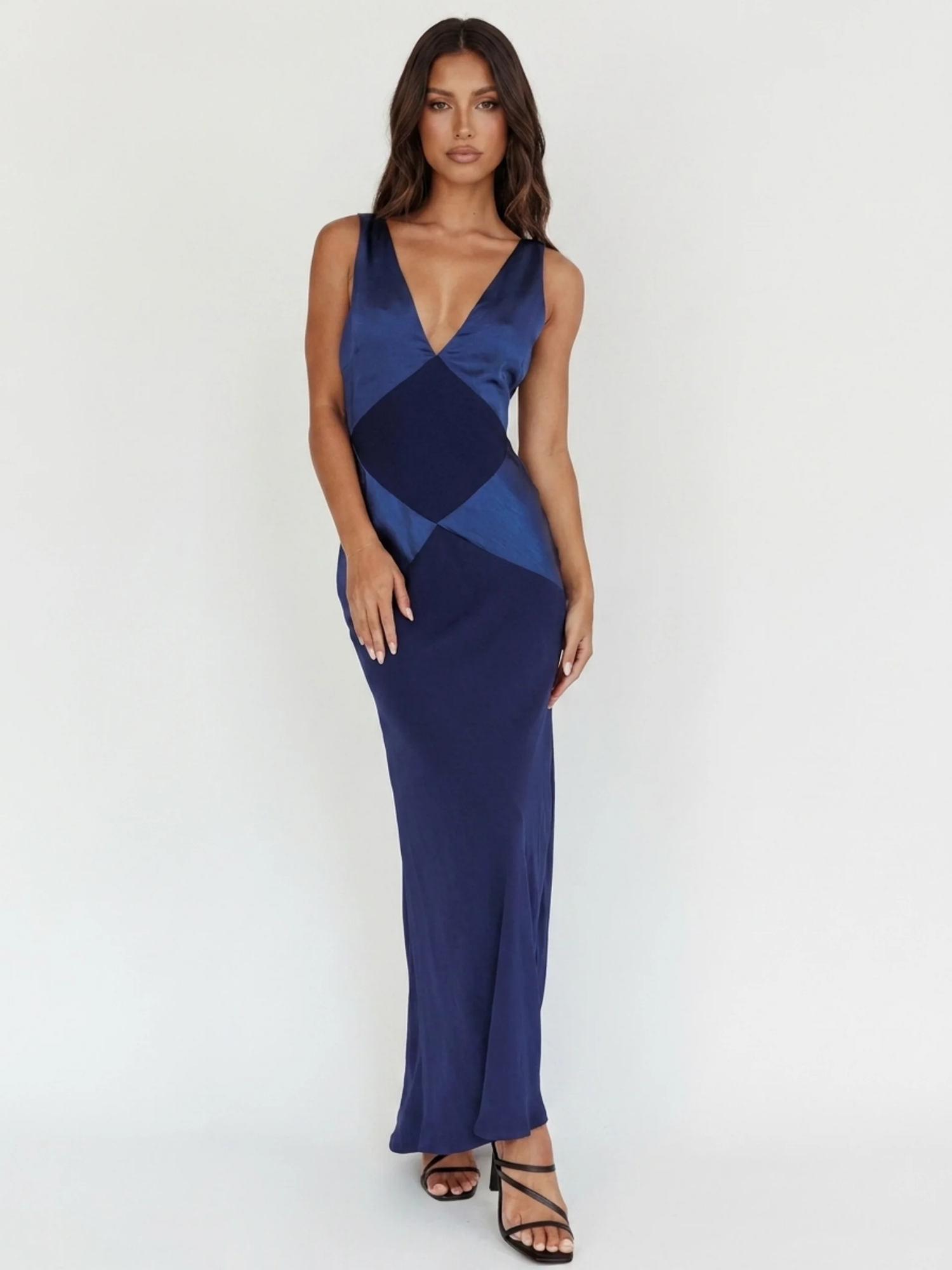 LIESEL Women's V-Neck Contrast Panel Satin Maxi Dress