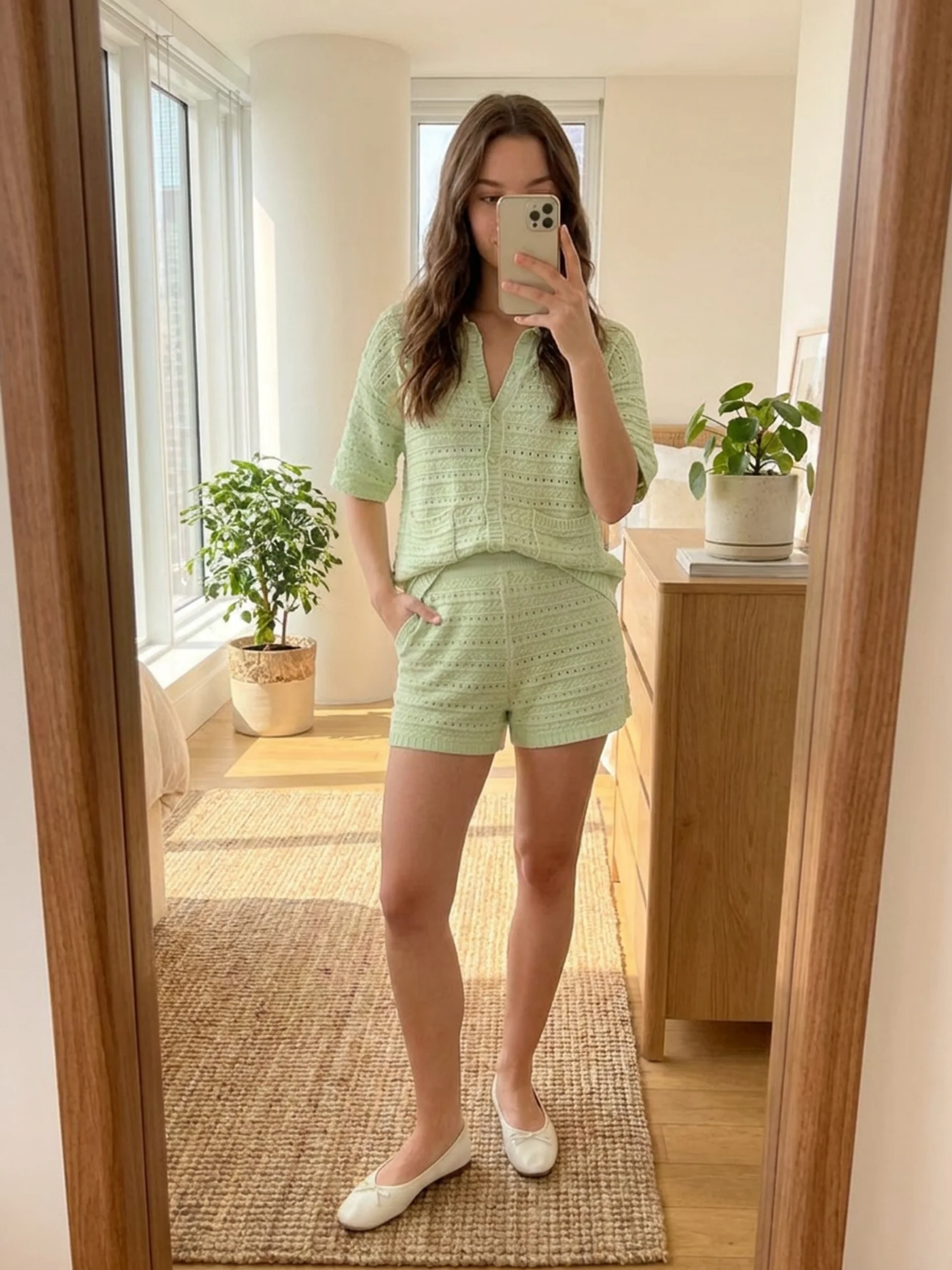ADELAIDE Women's Pointelle Knit Collared Shirt & Shorts Set