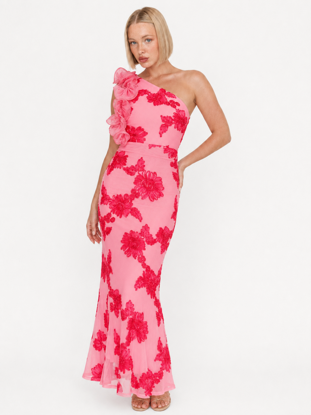 IMANI Women's One-Shoulder Ruffle Maxi Dress with Floral Texture