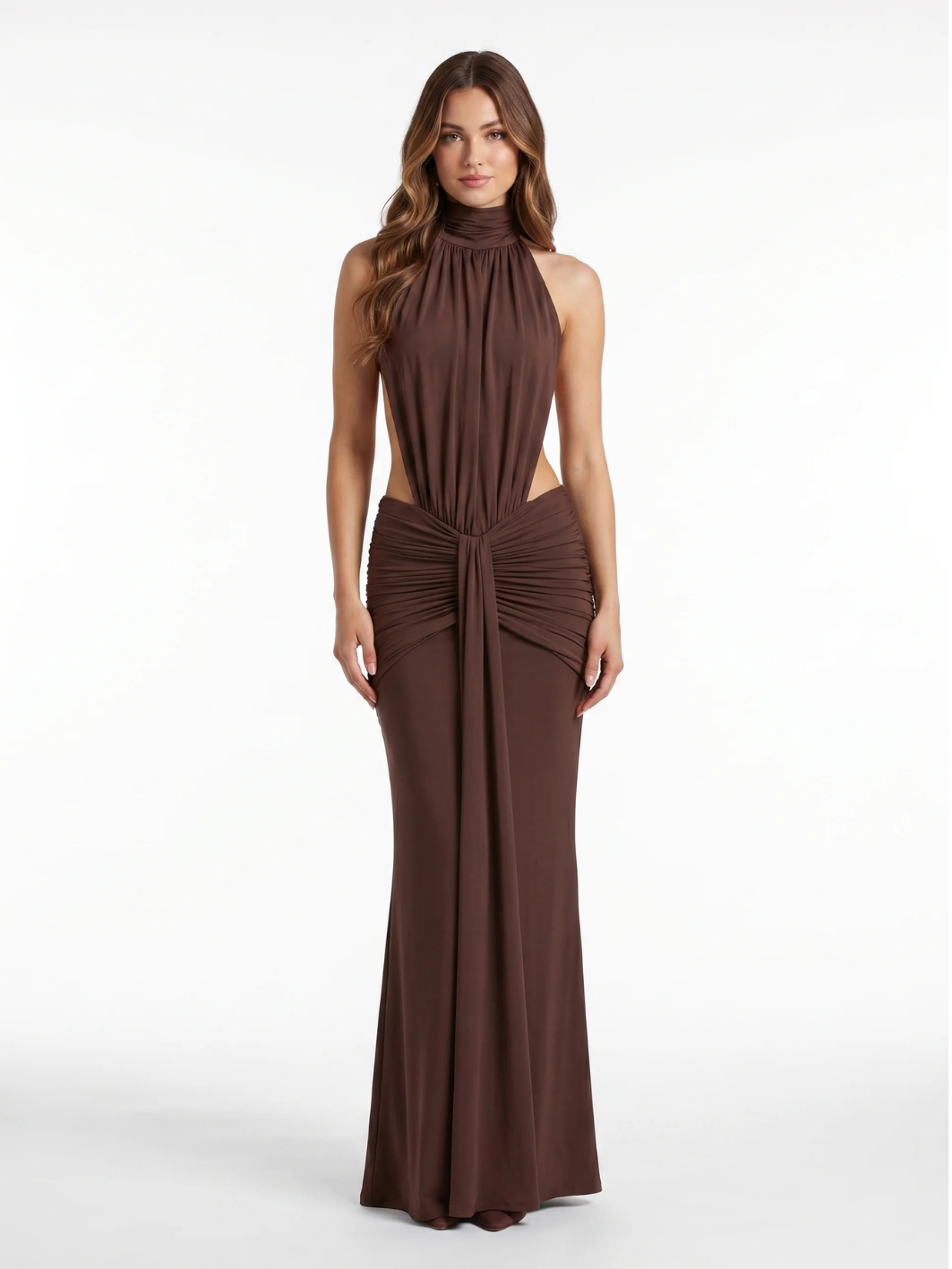 ADELINE Women's Halter Neck Side-Cutout Ruched Waist Maxi Dress