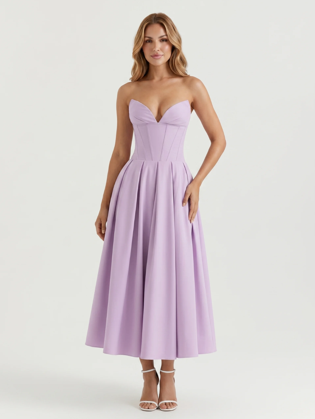 SAVANNAH Women's Strapless Sweetheart Midi Dress with Full Skirt