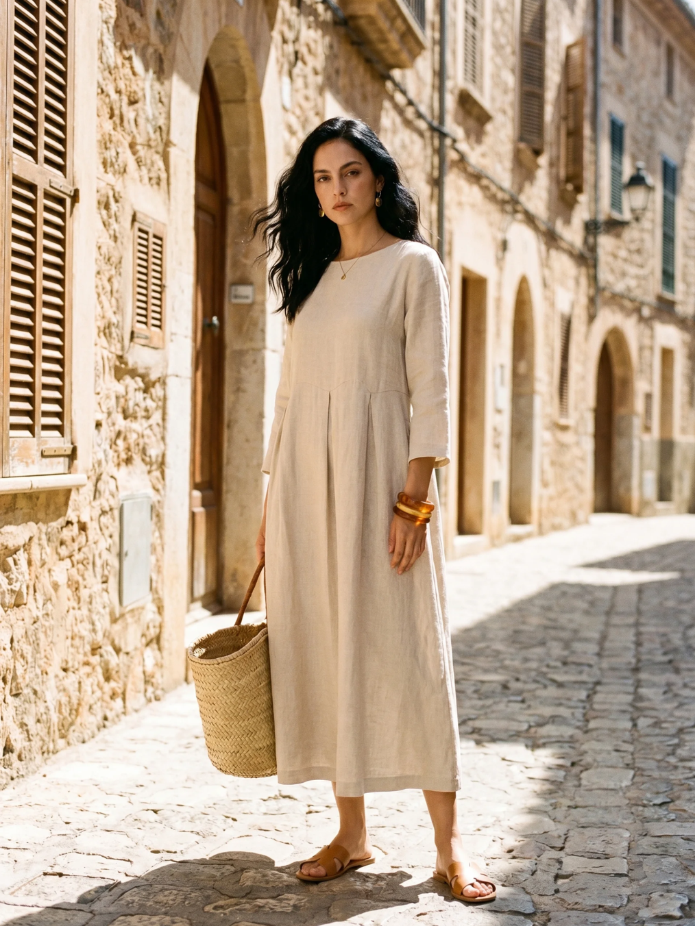 CLEMENTINE Women's Long-Sleeve Linen Pleated Maxi Dress with Pockets