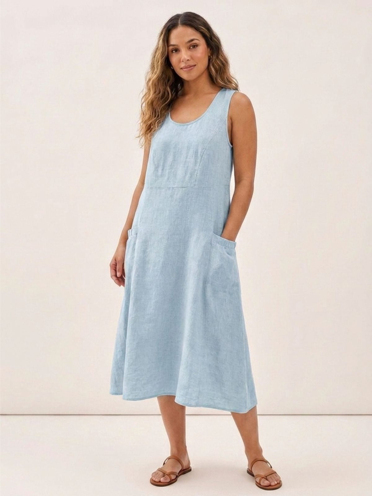 CLAIRE Women's Sleeveless Linen Midi Dress with Pockets