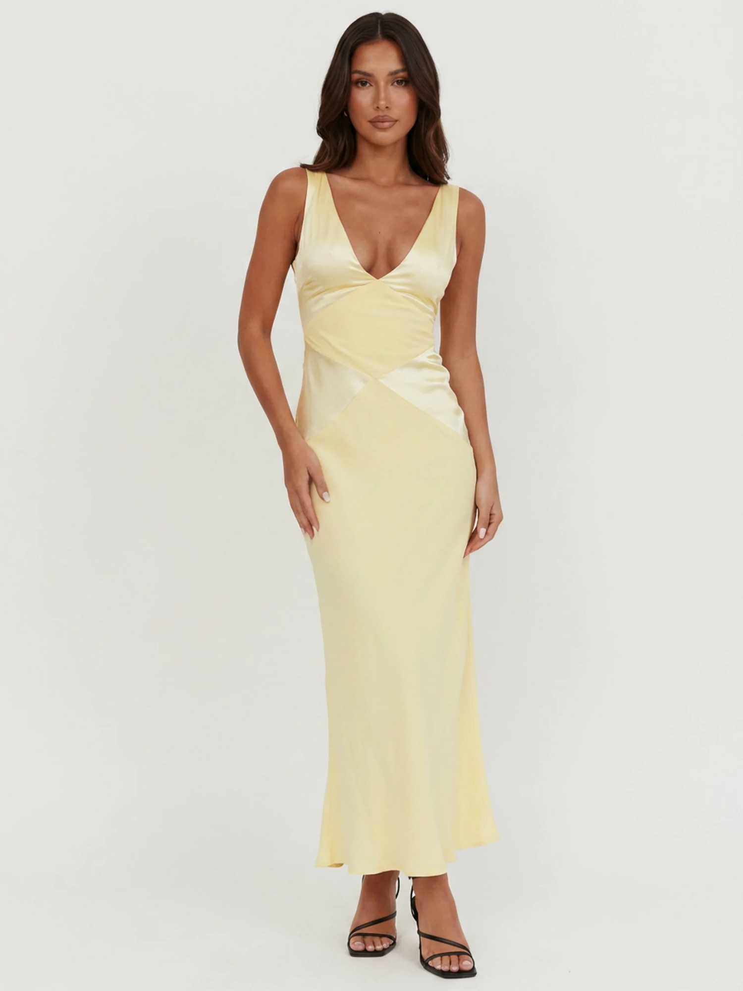 LIESEL Women's V-Neck Contrast Panel Satin Maxi Dress