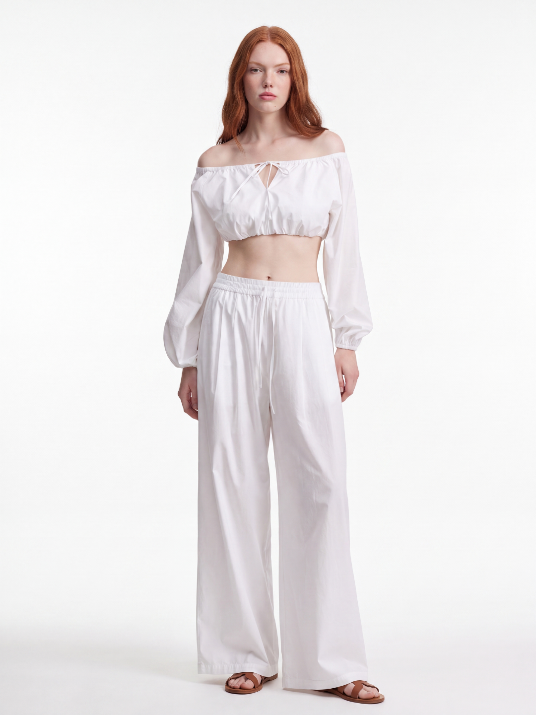 ADRIANA Women's Off-Shoulder Balloon-Sleeve Crop Top & Wide-Leg Pants Set