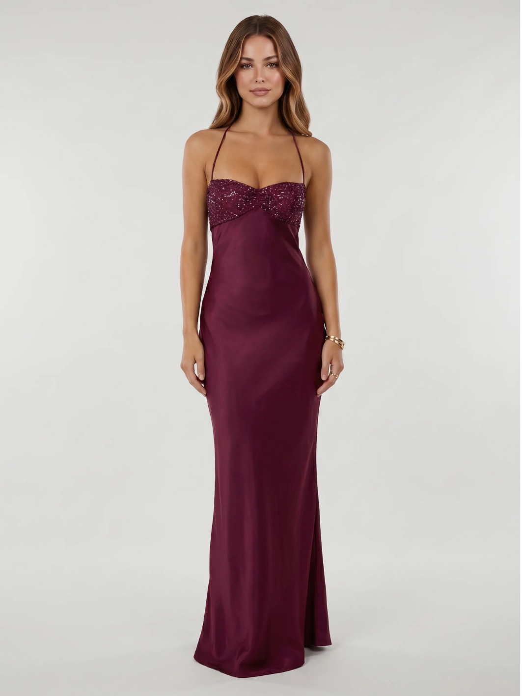 AURELIA Women's Sequin Sweetheart Lace-Up Back Satin Maxi Dress