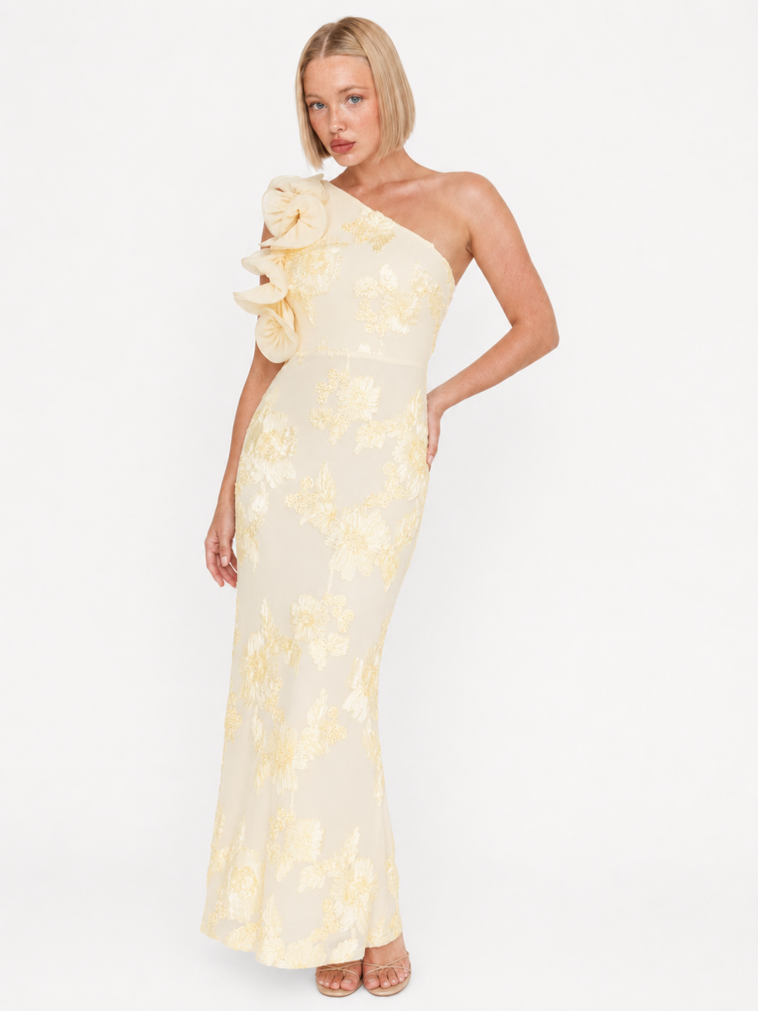 IMANI Women's One-Shoulder Ruffle Maxi Dress with Floral Texture