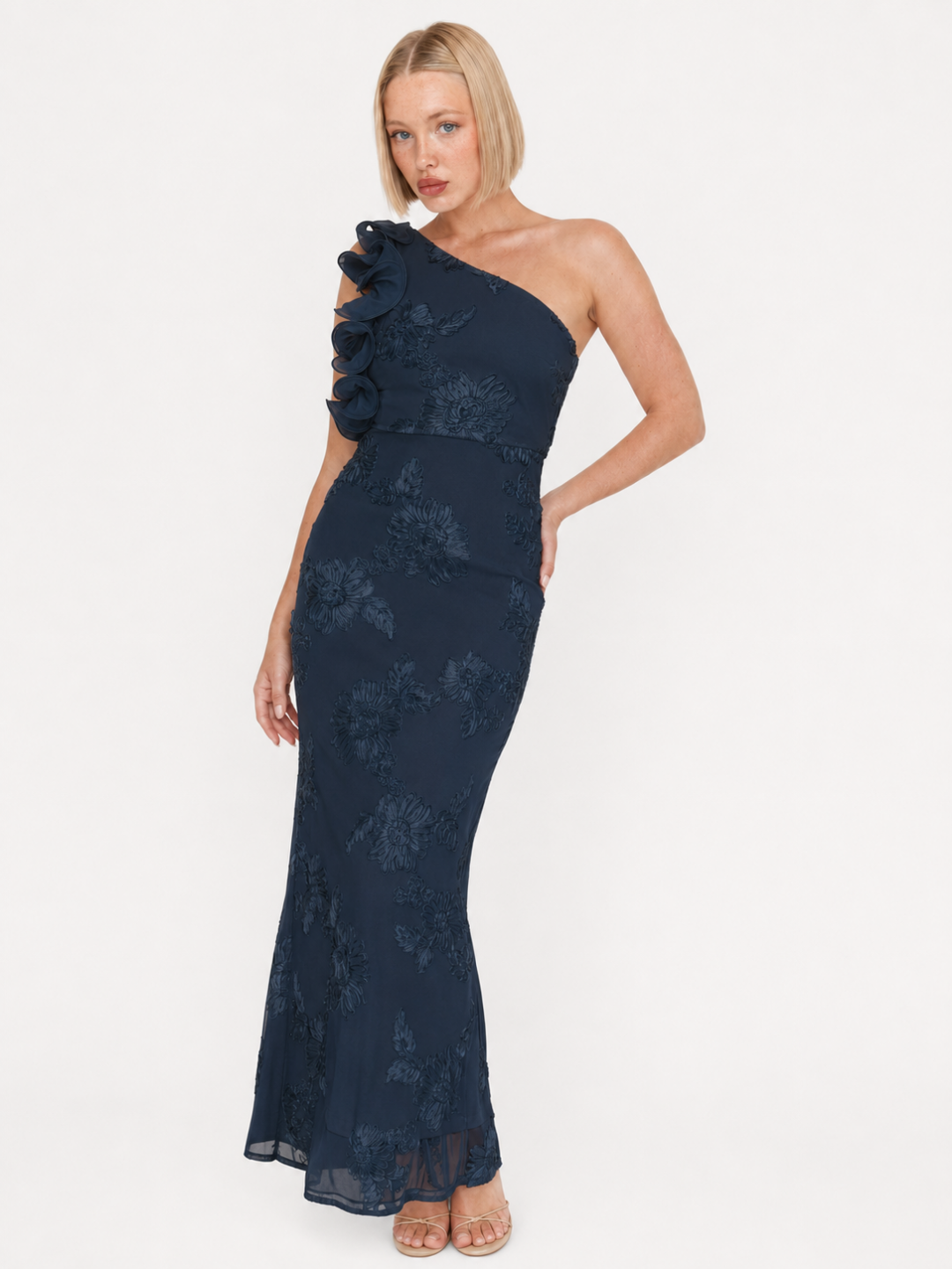 IMANI Women's One-Shoulder Ruffle Maxi Dress with Floral Texture