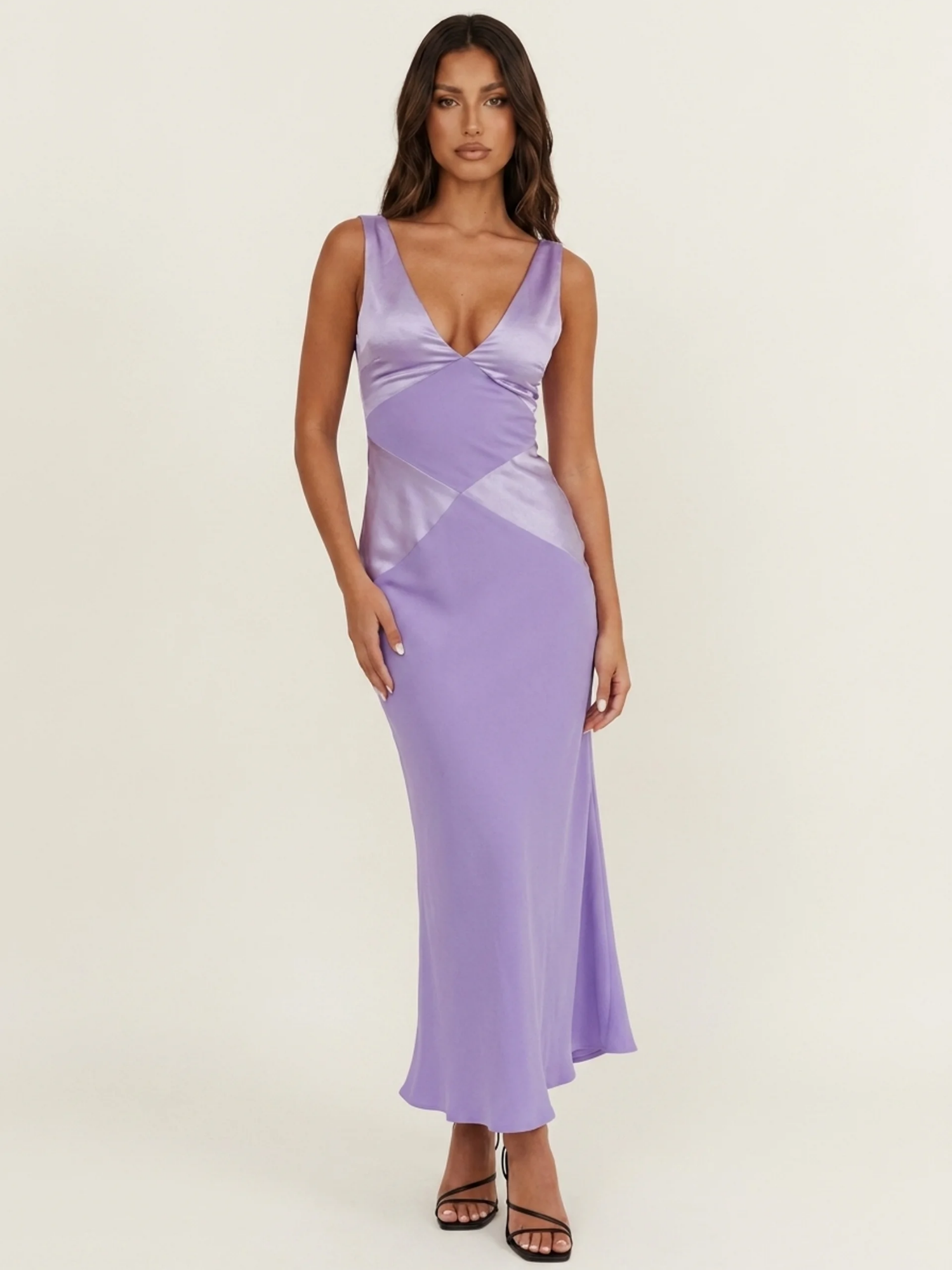 LIESEL Women's V-Neck Contrast Panel Satin Maxi Dress