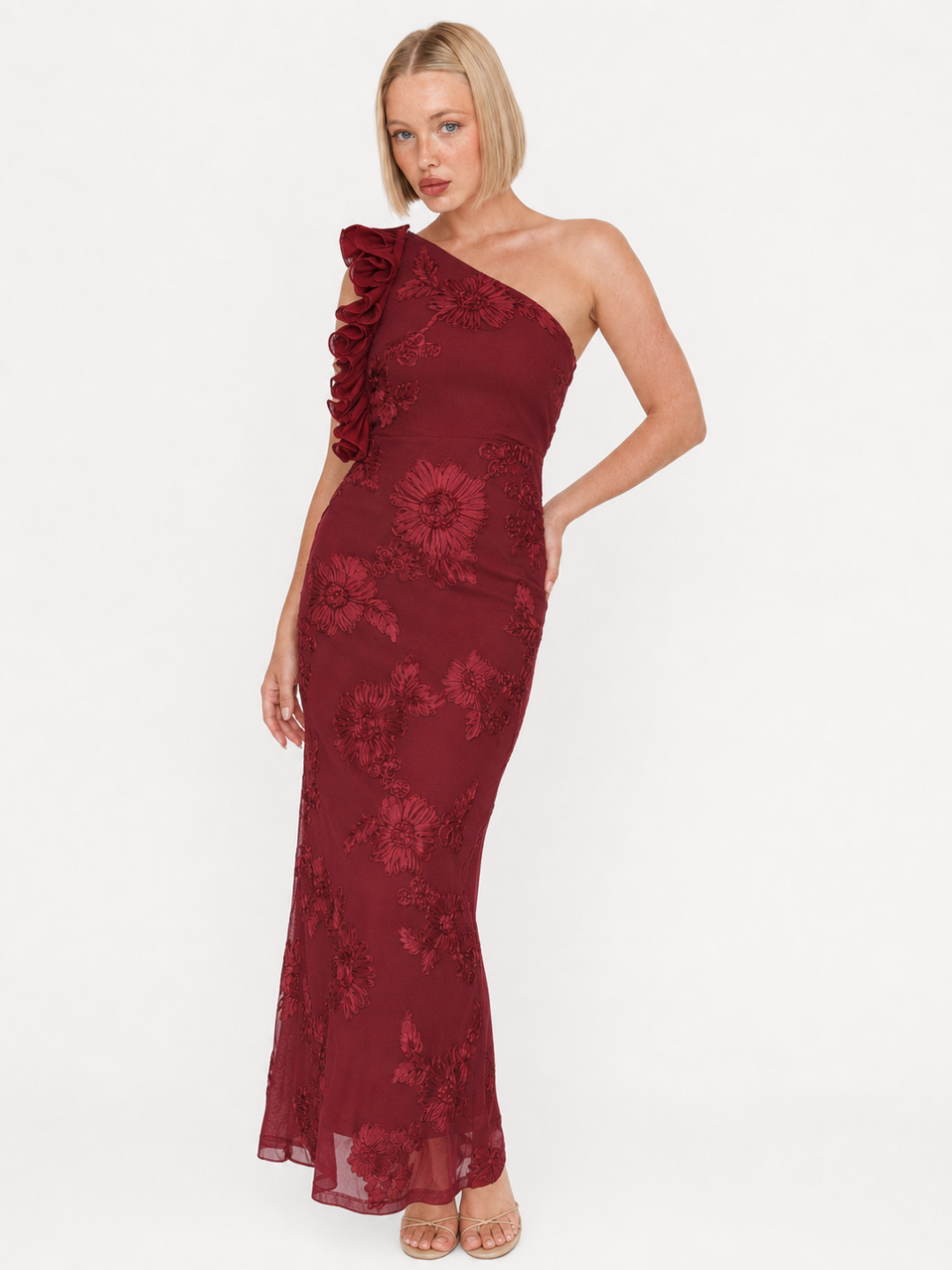 IMANI Women's One-Shoulder Ruffle Maxi Dress with Floral Texture