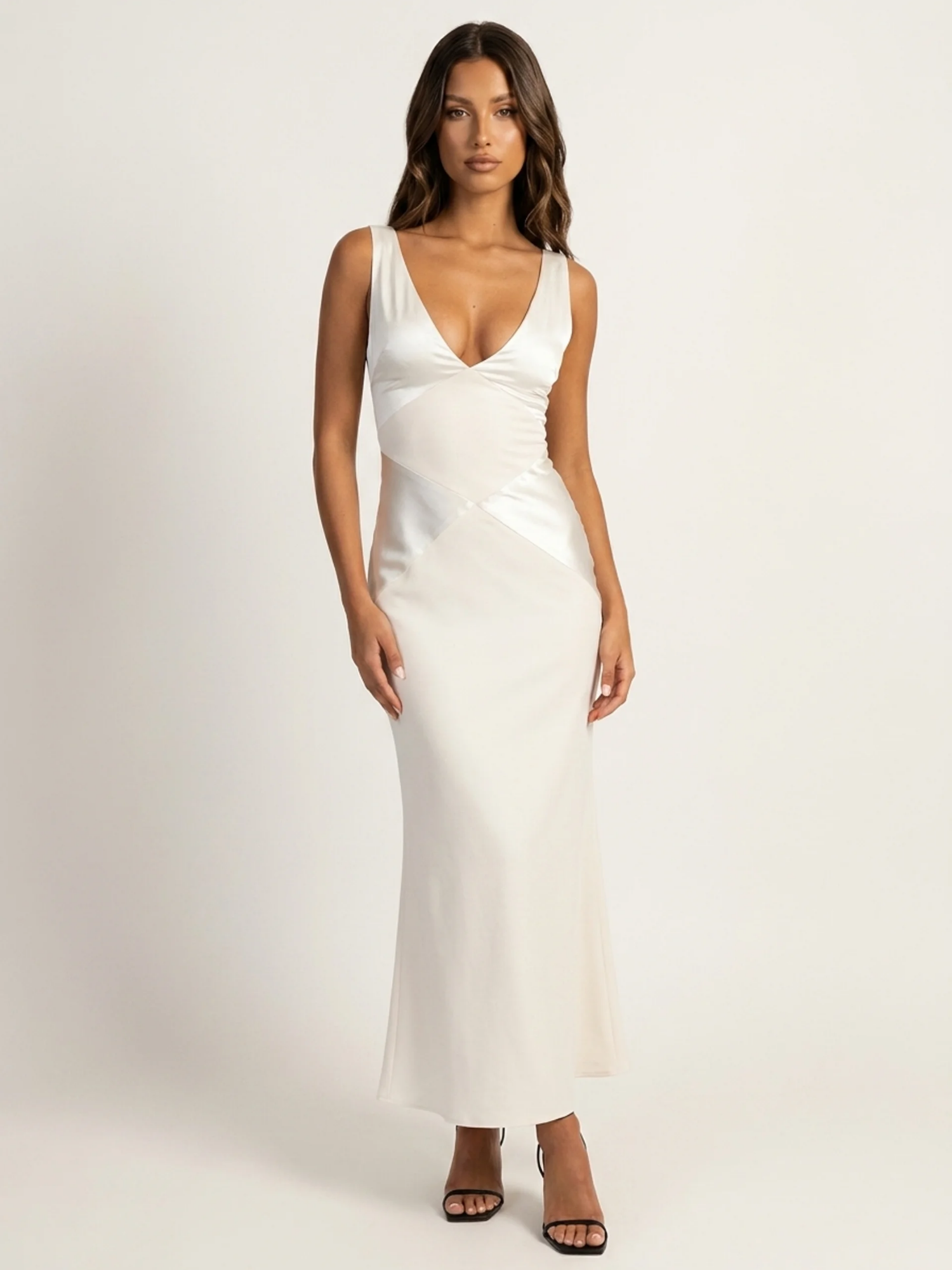 LIESEL Women's V-Neck Contrast Panel Satin Maxi Dress