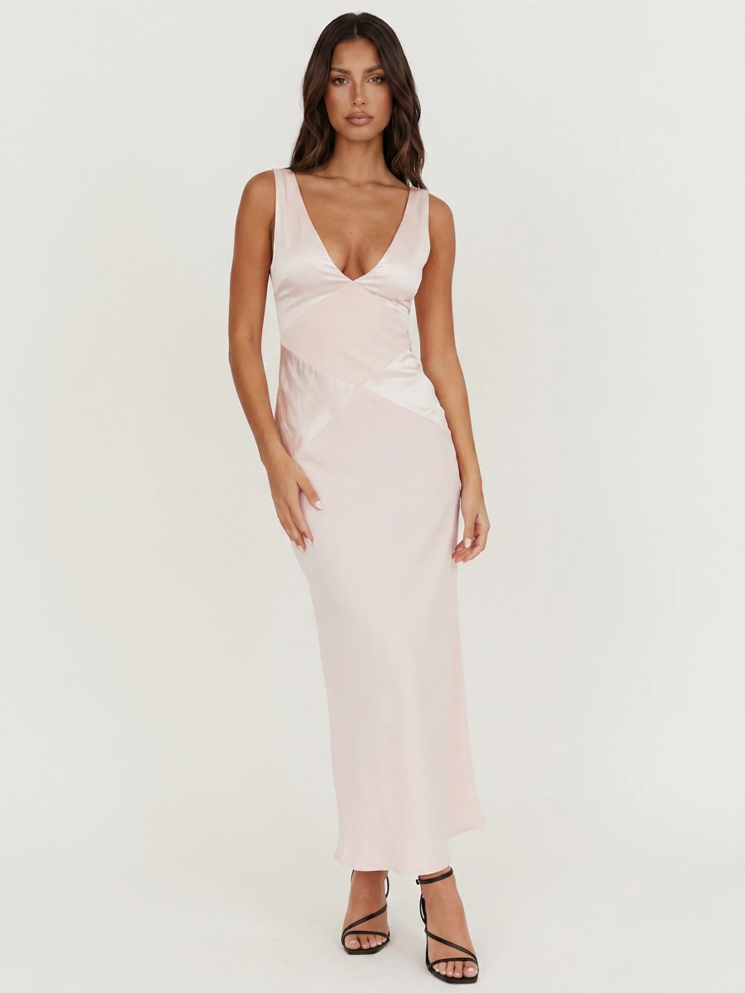 LIESEL Women's V-Neck Contrast Panel Satin Maxi Dress