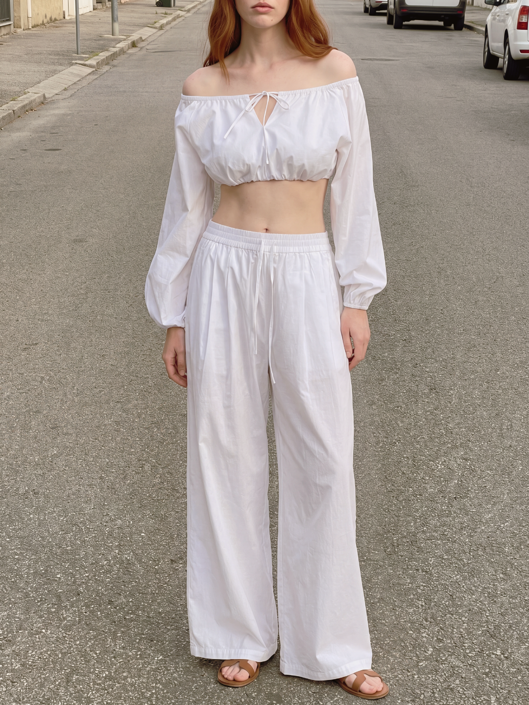 ADRIANA Women's Off-Shoulder Balloon-Sleeve Crop Top & Wide-Leg Pants Set