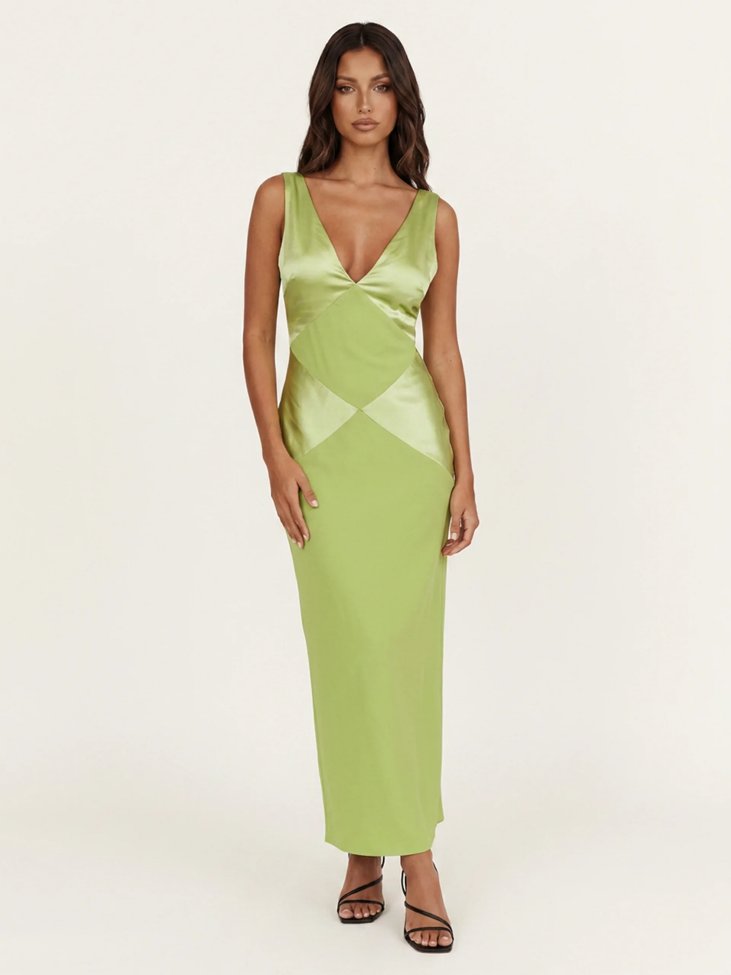 LIESEL Women's V-Neck Contrast Panel Satin Maxi Dress