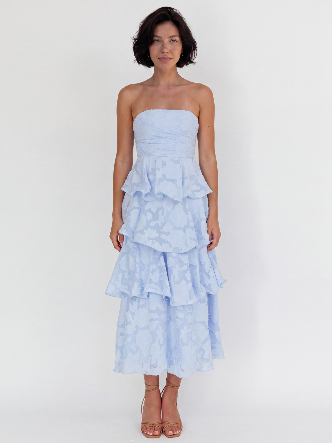 AMARA Women's Strapless Tiered Midi Dress with Floral Embossed Texture