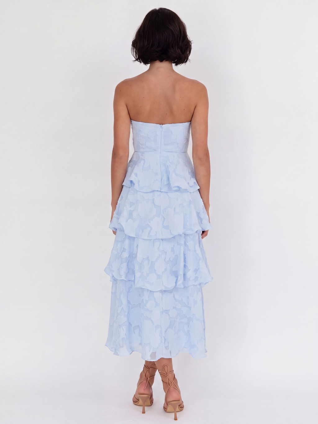 AMARA Women's Strapless Tiered Midi Dress with Floral Embossed Texture