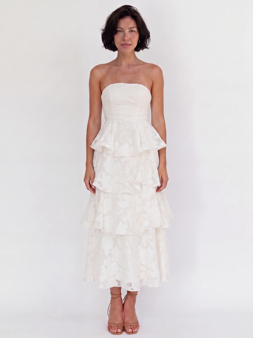 AMARA Women's Strapless Tiered Midi Dress with Floral Embossed Texture