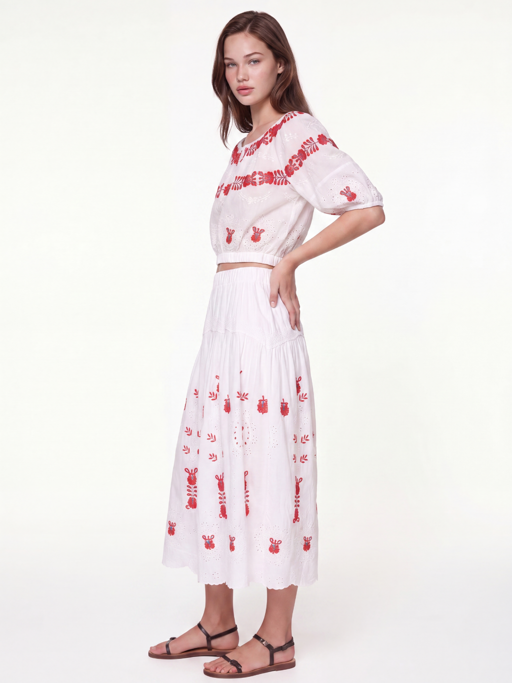 MARIANA Women's Floral Embroidered Eyelet Puff-Sleeve Top & Skirt Set