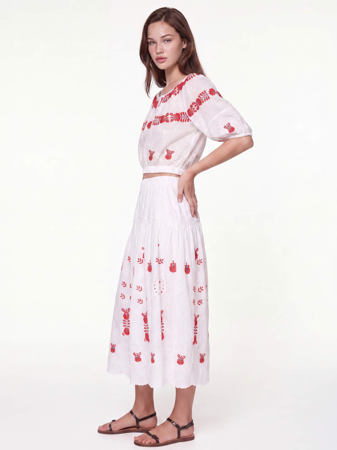 MARIANA Women's Floral Embroidered Eyelet Puff-Sleeve Top & Skirt Set