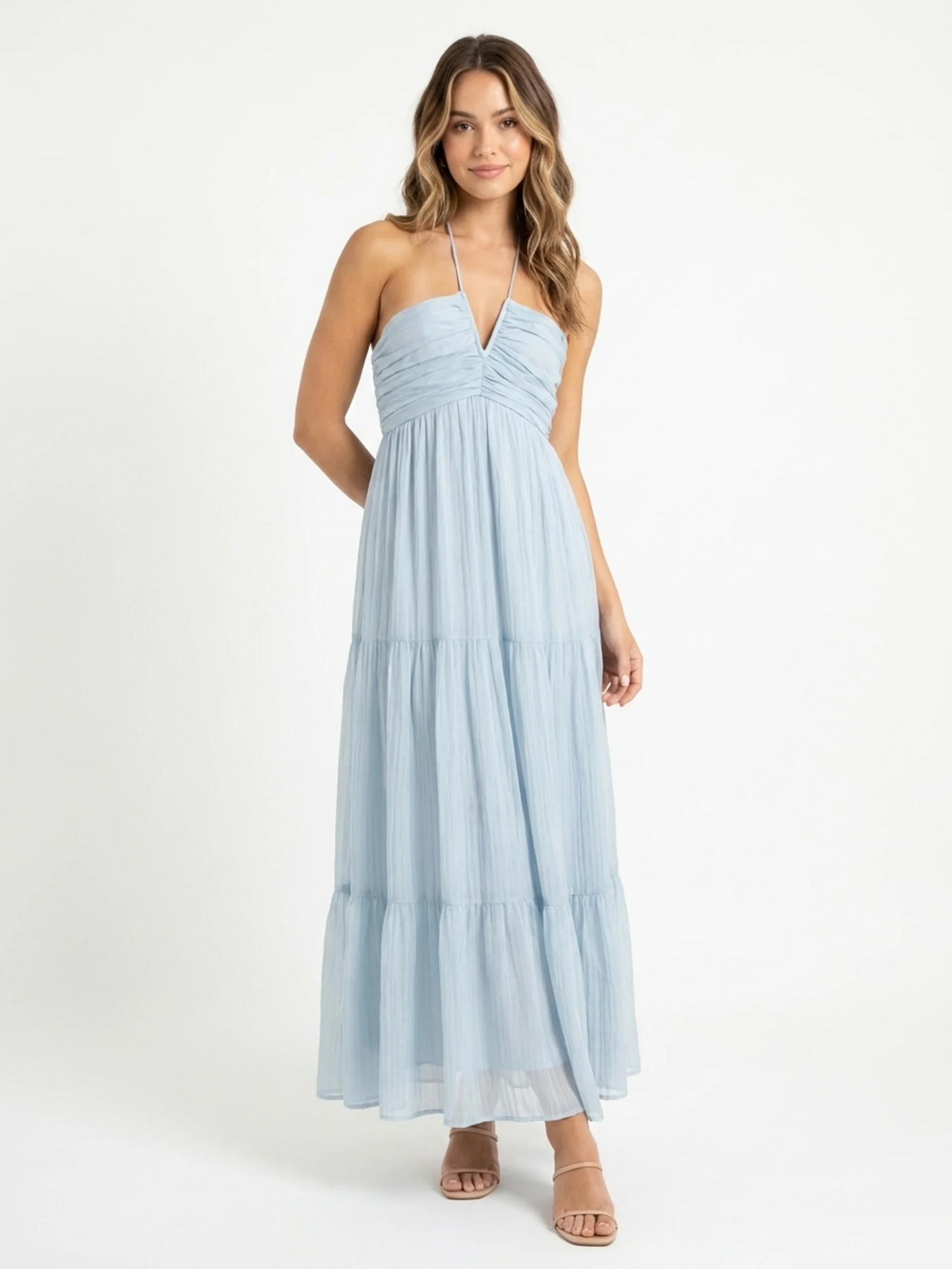 FELICITY Women's V-Neck Halter Tiered Tulle Maxi Dress