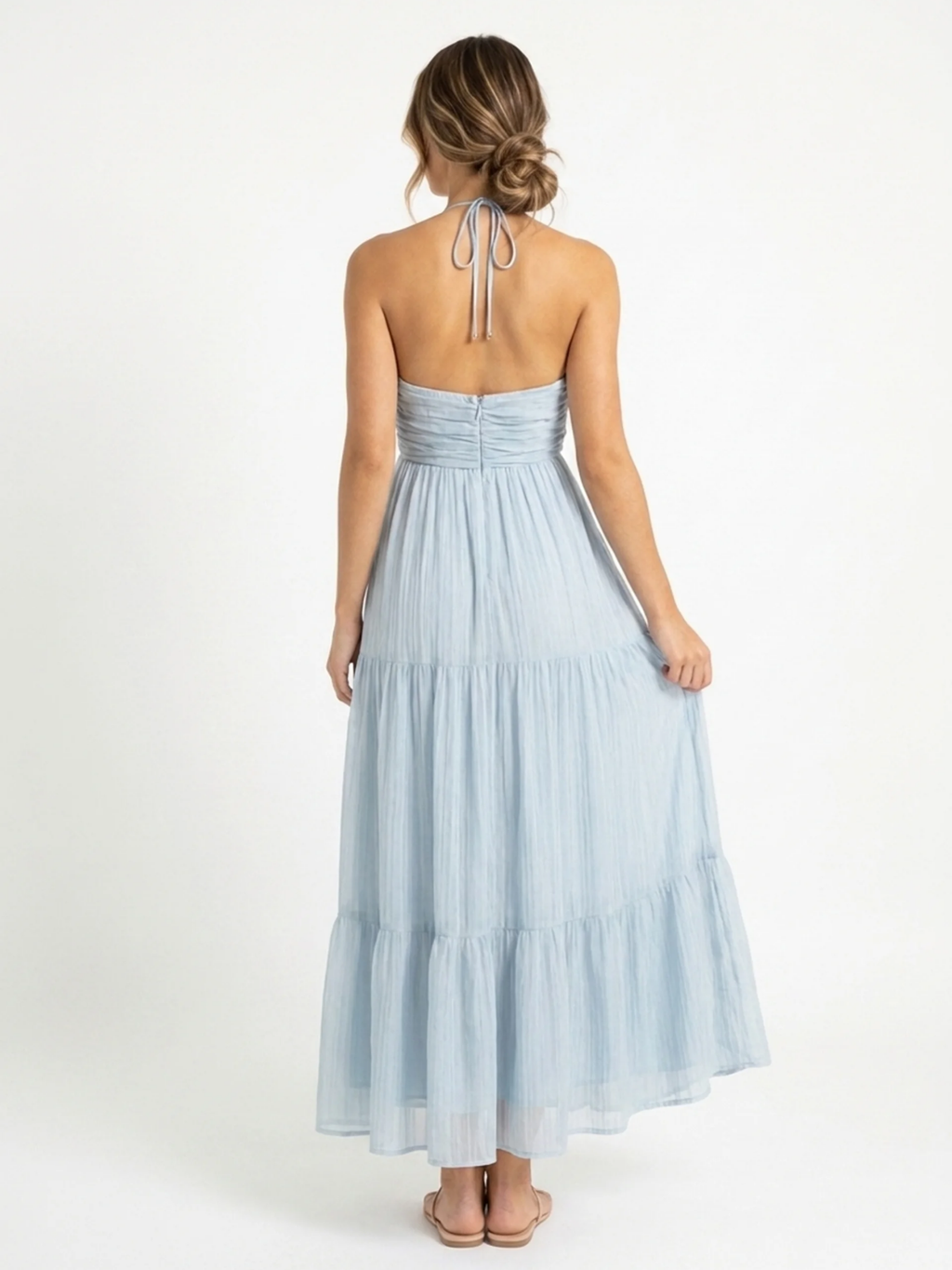 FELICITY Women's V-Neck Halter Tiered Tulle Maxi Dress