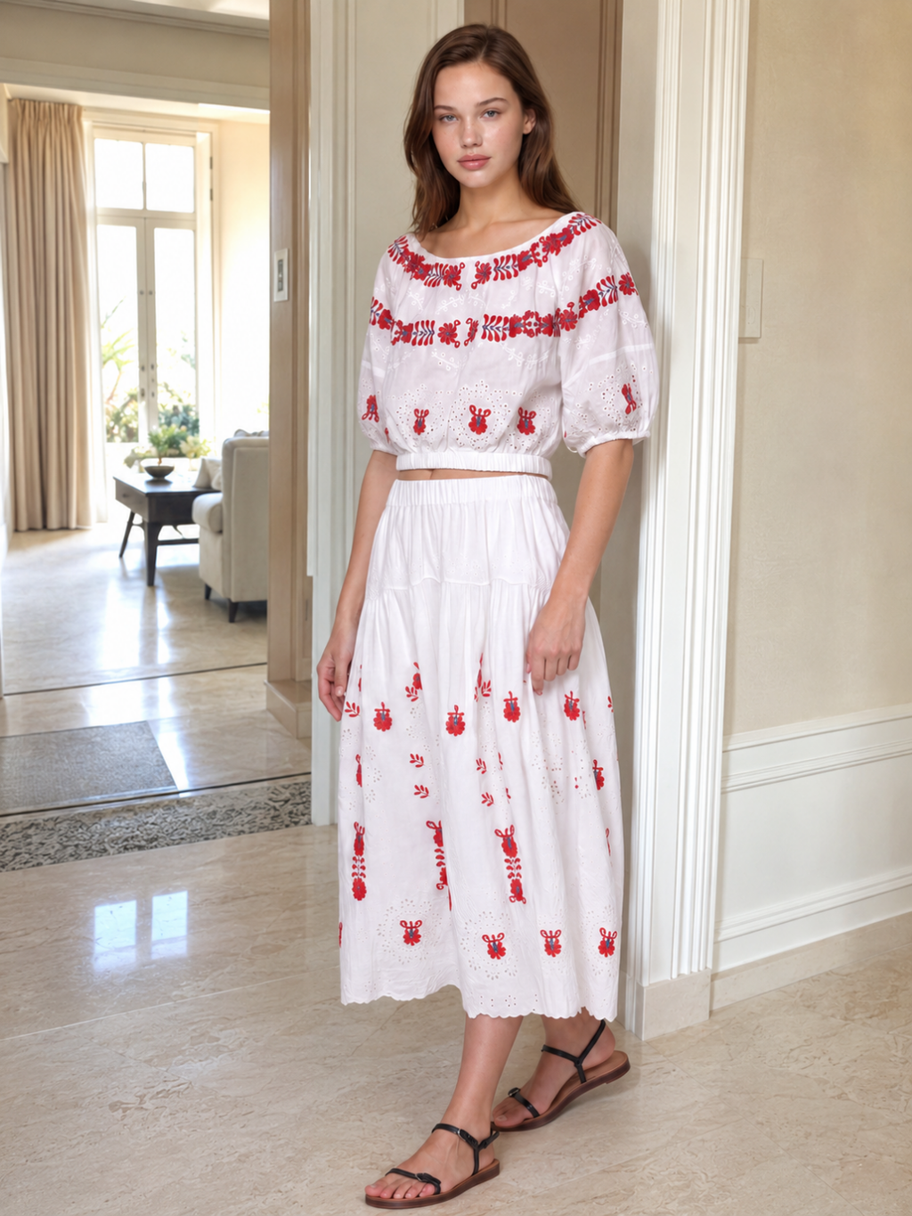MARIANA Women's Floral Embroidered Eyelet Puff-Sleeve Top & Skirt Set