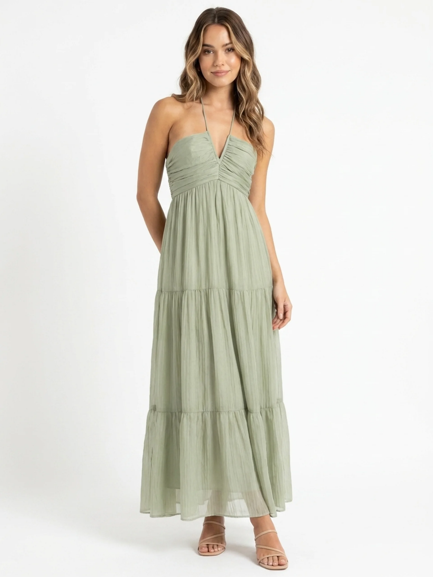FELICITY Women's V-Neck Halter Tiered Tulle Maxi Dress