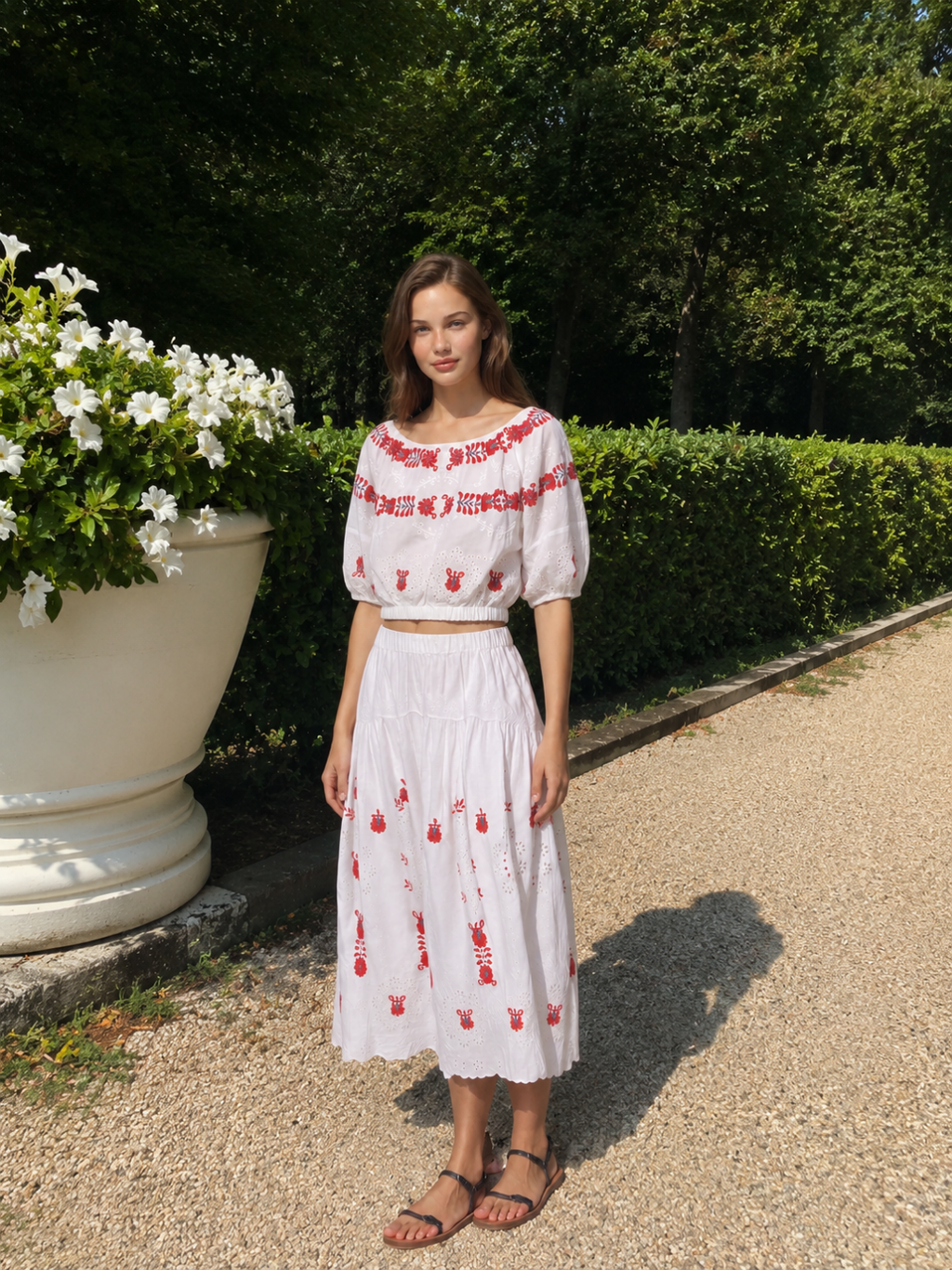 MARIANA Women's Floral Embroidered Eyelet Puff-Sleeve Top & Skirt Set