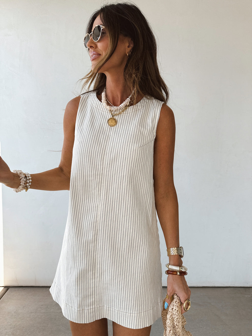 SAILOR Women's Sleeveless Pinstripe Cotton Shift Dress with Pockets