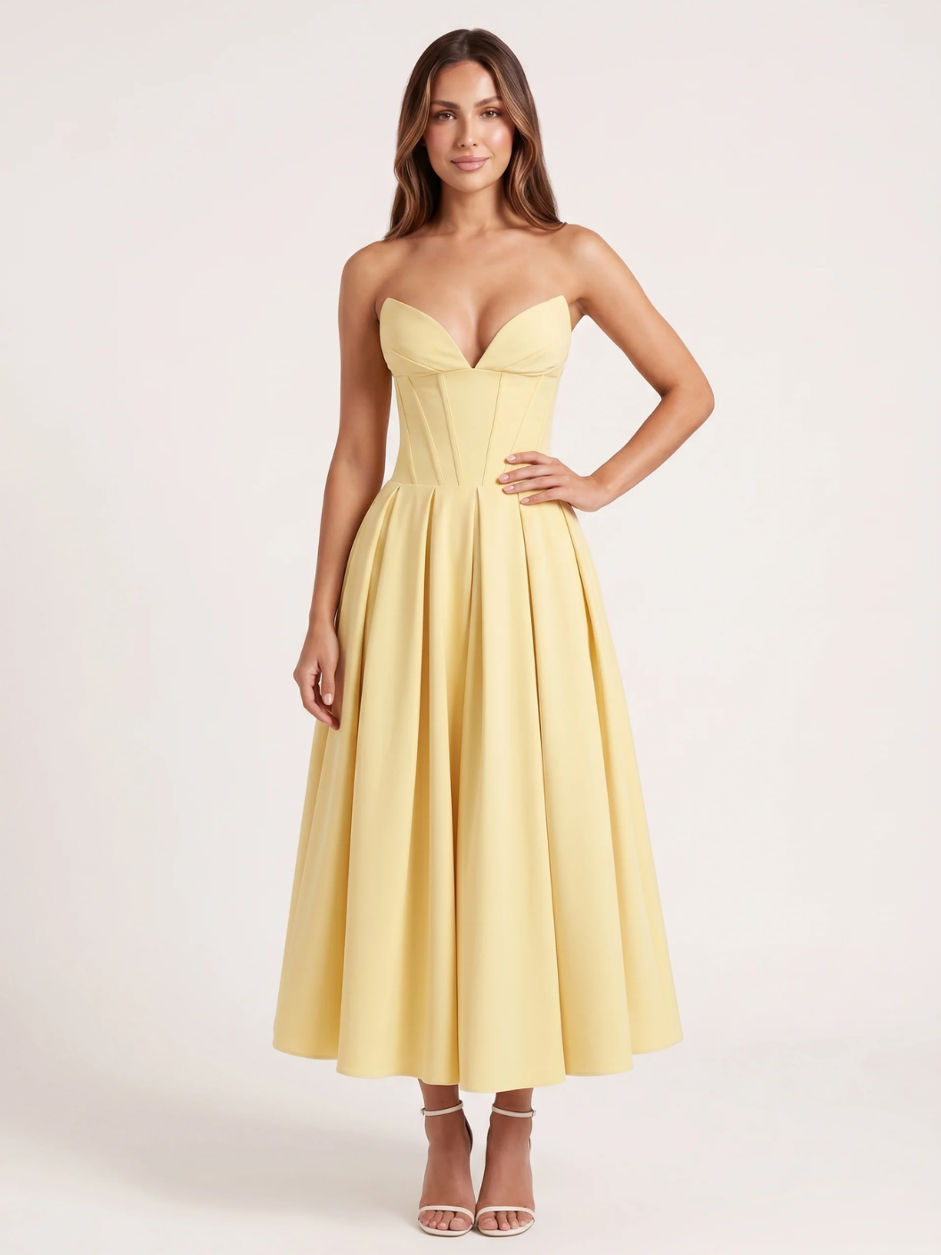 SAVANNAH Women's Strapless Sweetheart Midi Dress with Full Skirt