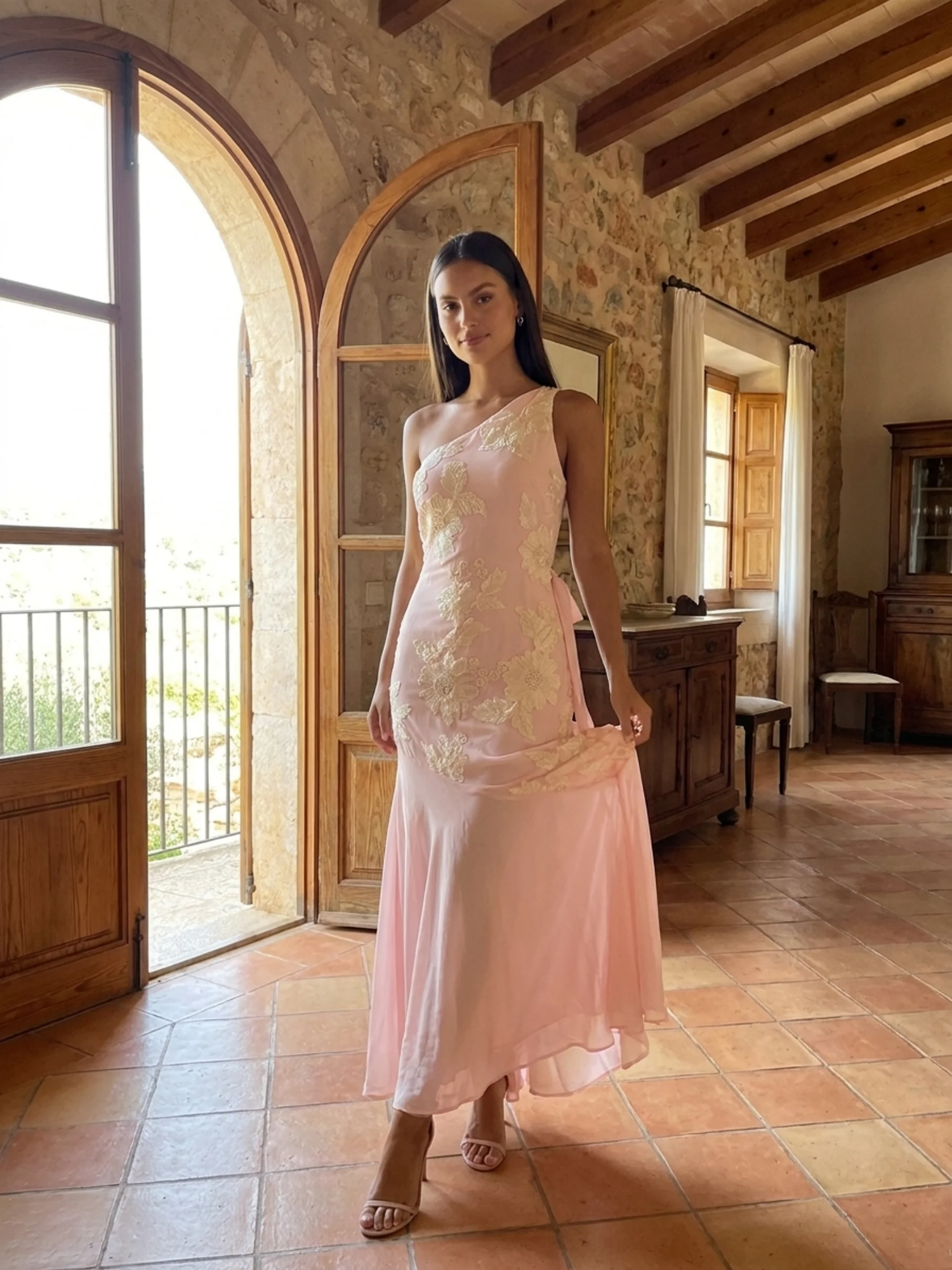 BRONWYN Women's One-Shoulder Floral Sheer-Hem Maxi Dress