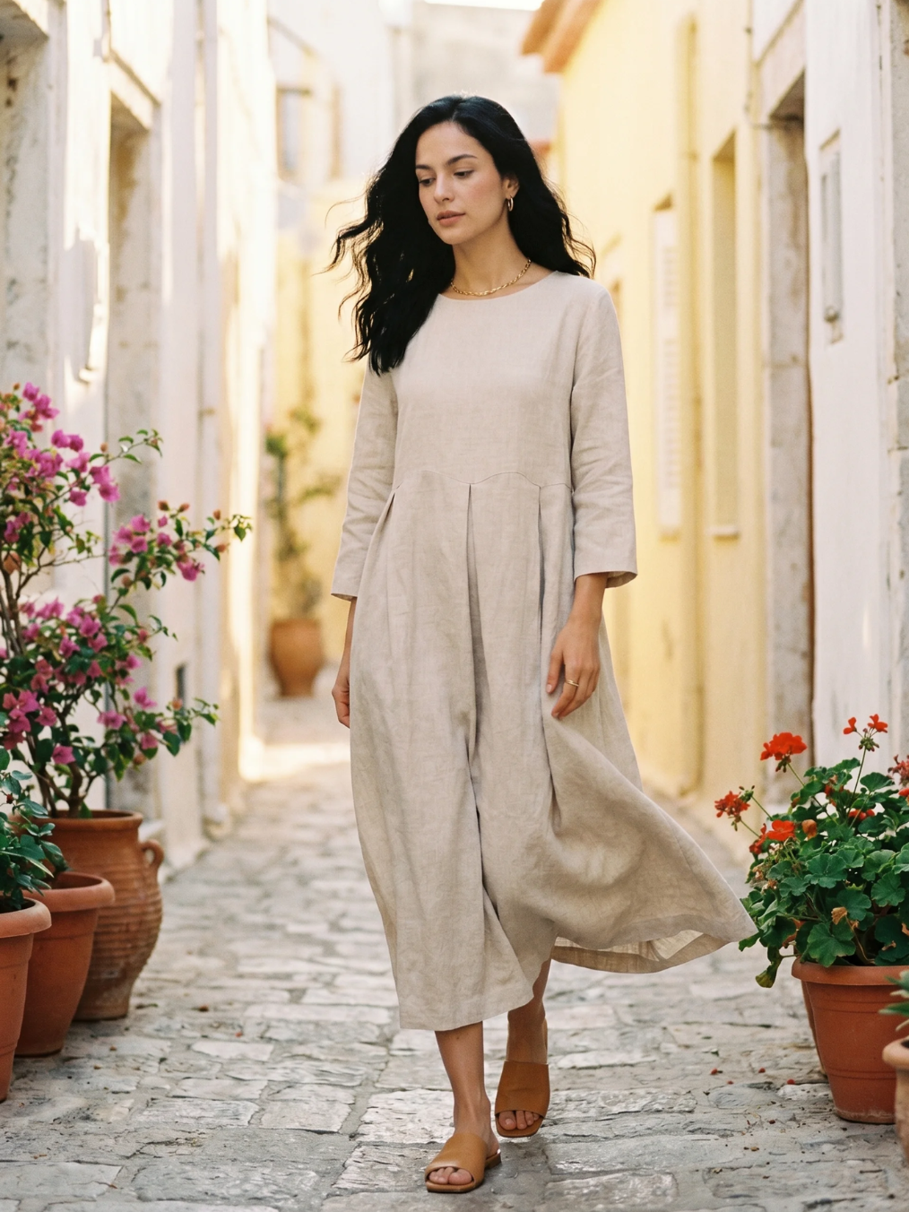 CLEMENTINE Women's Long-Sleeve Linen Pleated Maxi Dress with Pockets