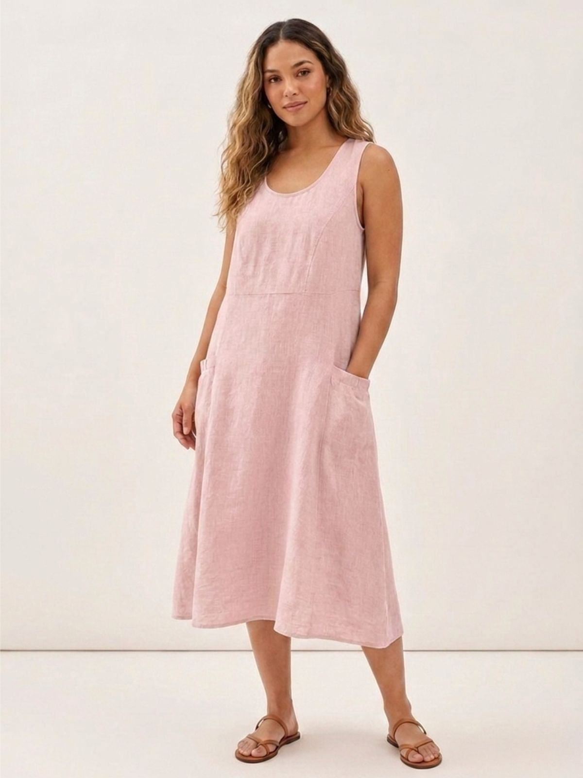CLAIRE Women's Sleeveless Linen Midi Dress with Pockets