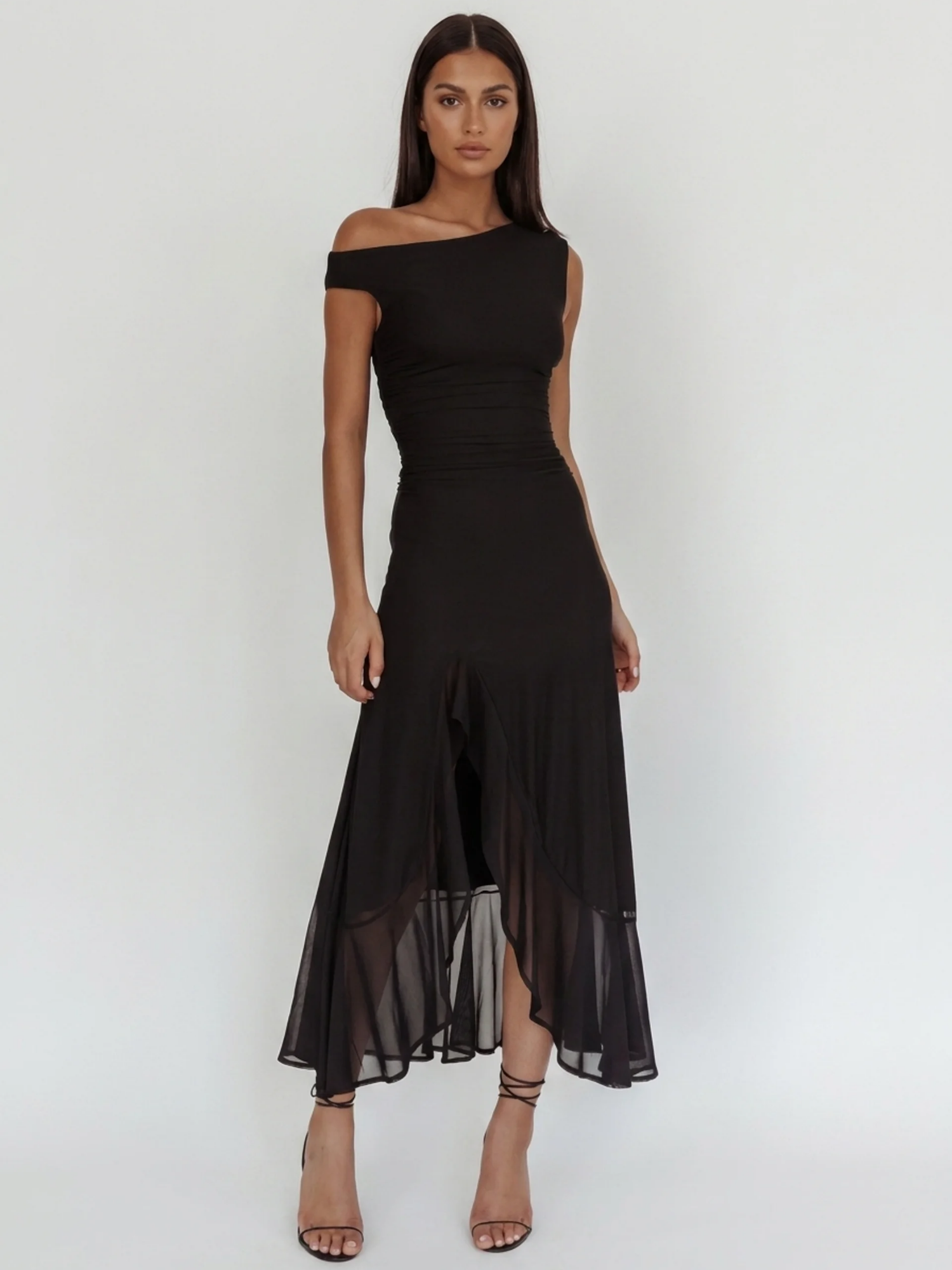 HELGA Women's Asymmetric Off-Shoulder Ruched Slit Maxi Dress