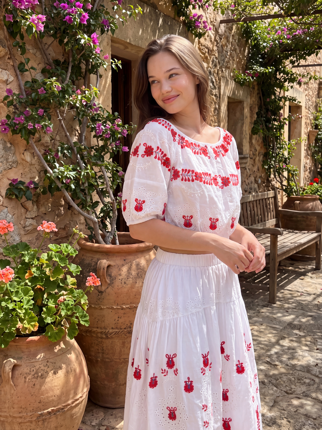 MARIANA Women's Floral Embroidered Eyelet Puff-Sleeve Top & Skirt Set