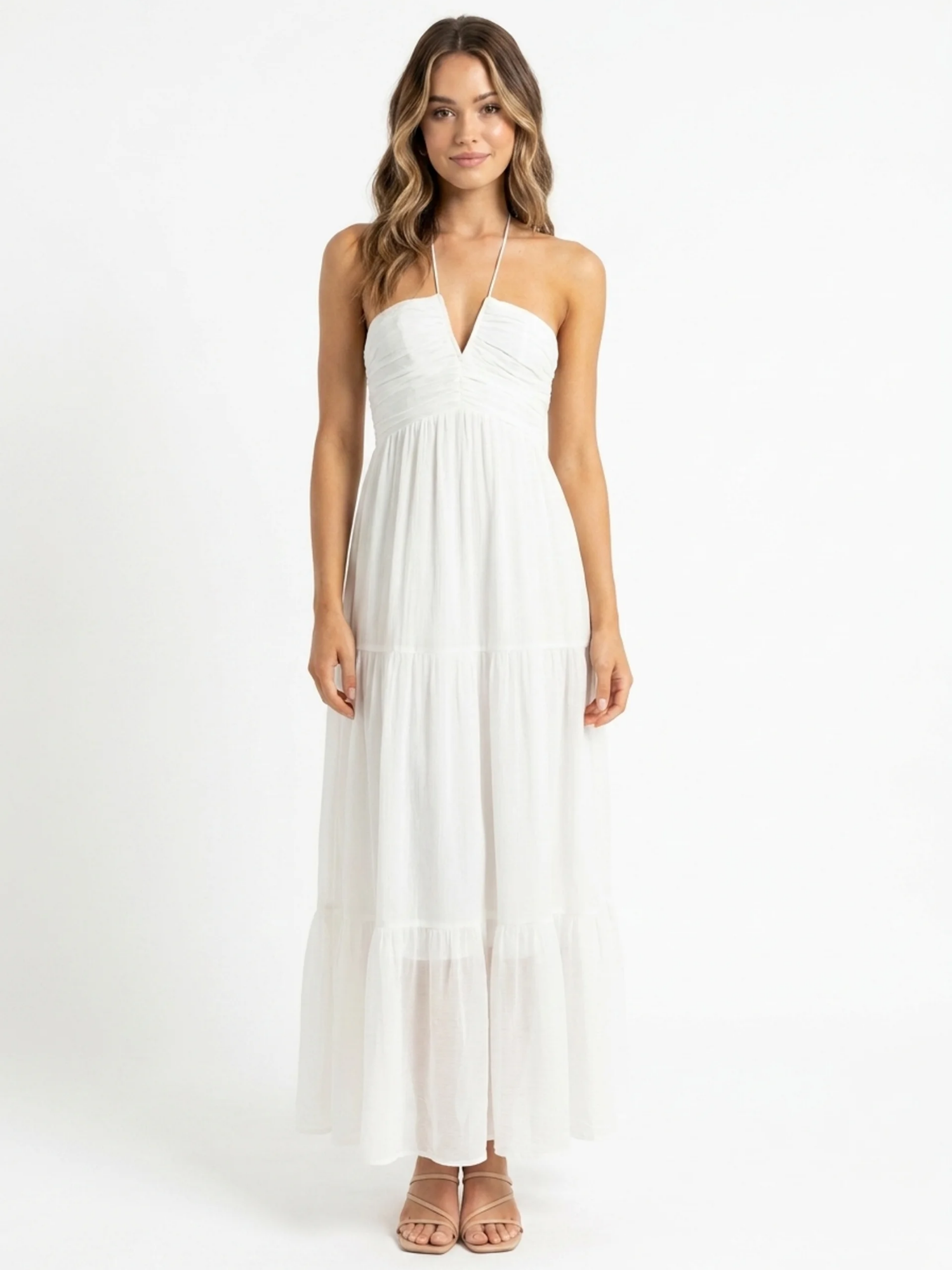 FELICITY Women's V-Neck Halter Tiered Tulle Maxi Dress