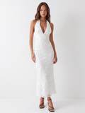 SOFIA Women's Backless Halter Maxi Dress with Floral Embellishment
