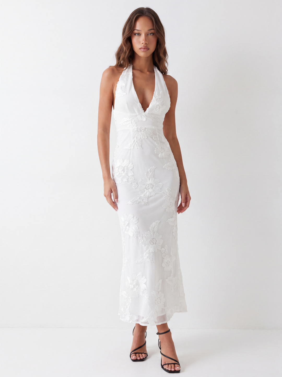 SOFIA Women's Backless Halter Maxi Dress with Floral Embellishment