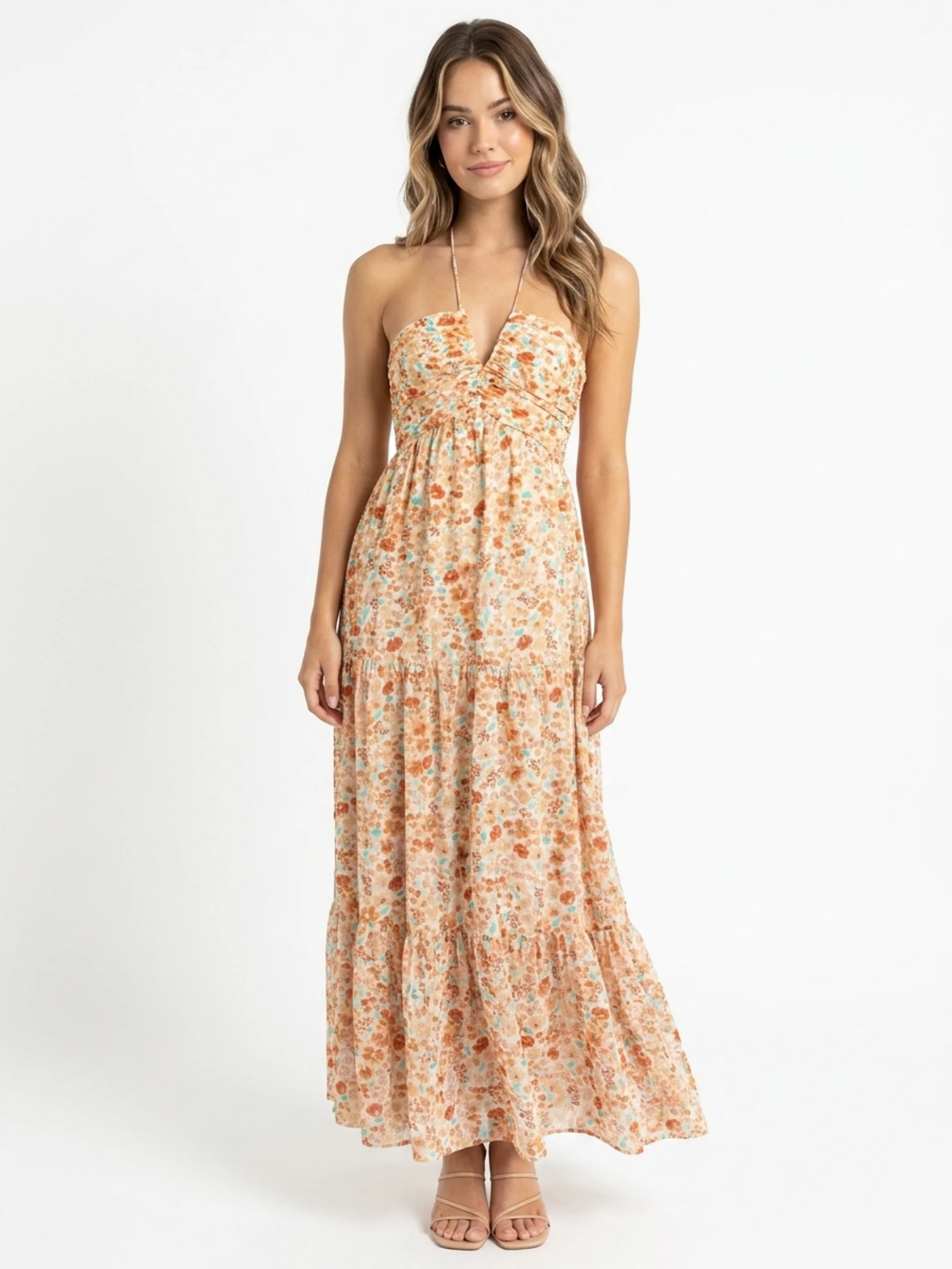 FELICITY Women's V-Neck Halter Tiered Tulle Maxi Dress
