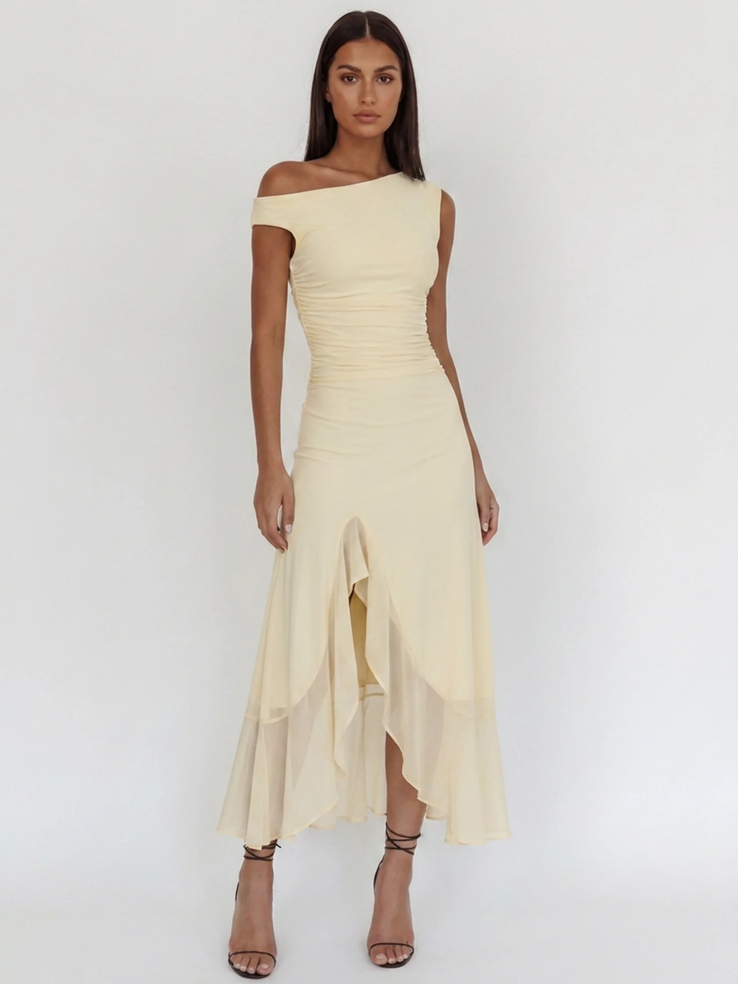 HELGA Women's Asymmetric Off-Shoulder Ruched Slit Maxi Dress
