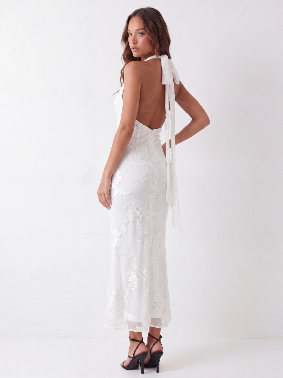 SOFIA Women's Backless Halter Maxi Dress with Floral Embellishment