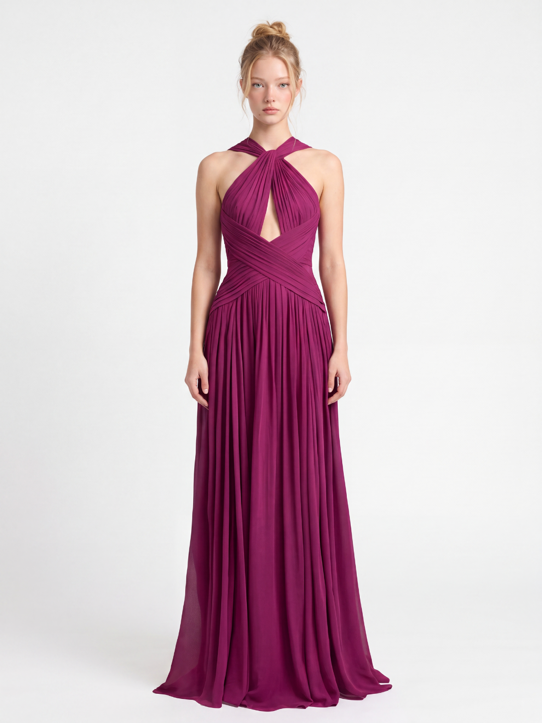 NATALIA Women's Halter Neck Ruched Keyhole Cutout Maxi Gown