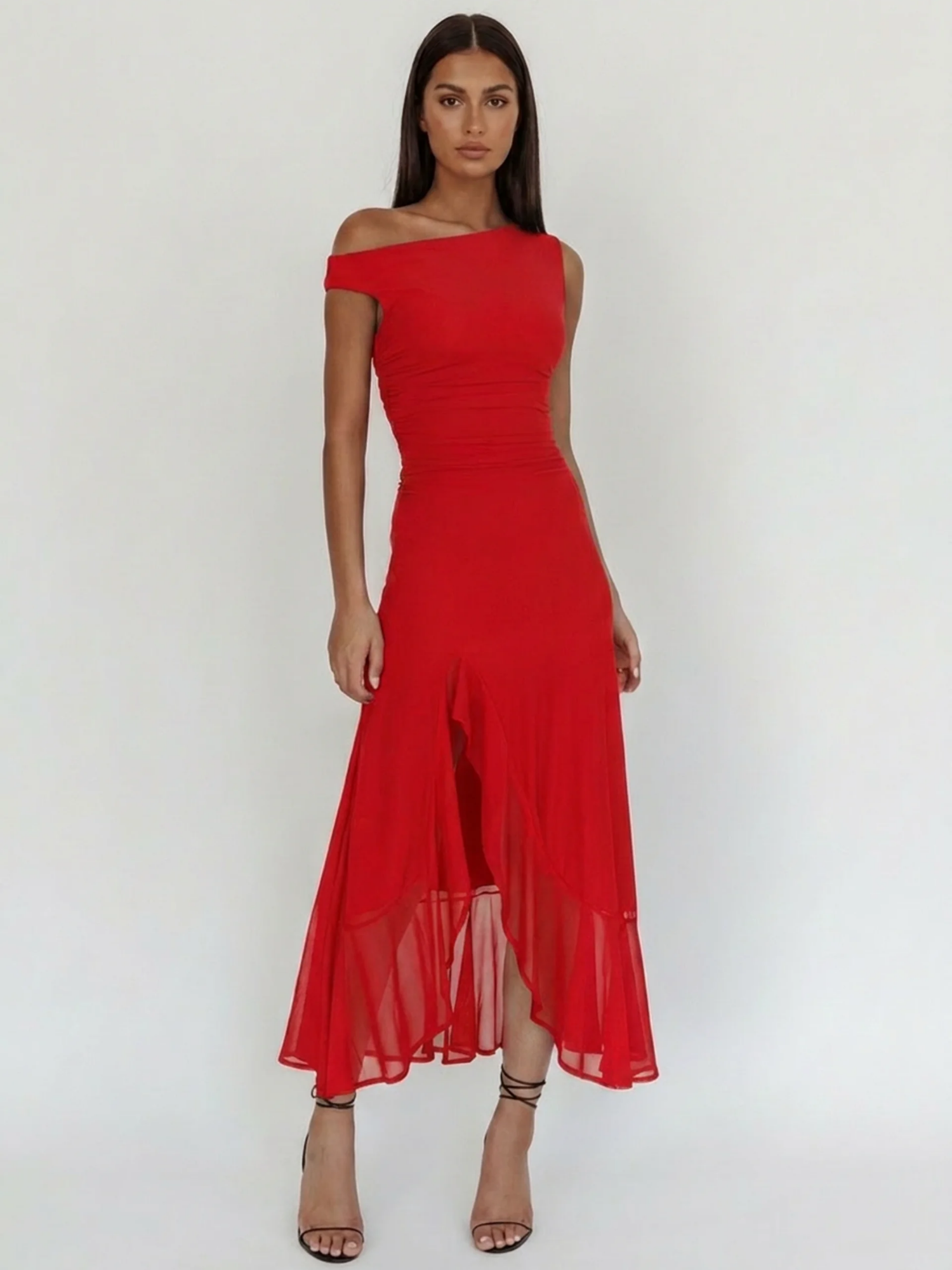HELGA Women's Asymmetric Off-Shoulder Ruched Slit Maxi Dress