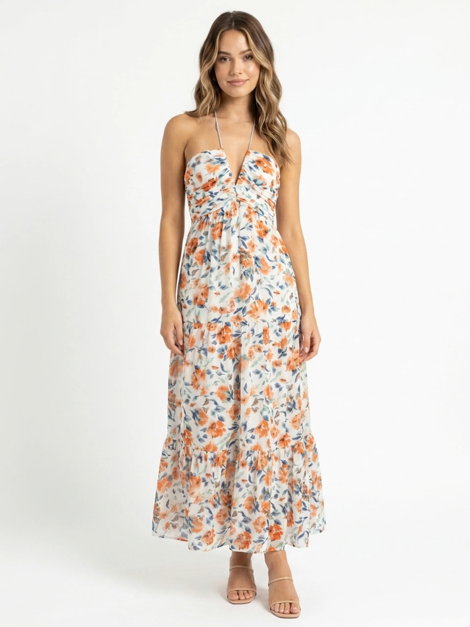 FELICITY Women's V-Neck Halter Tiered Tulle Maxi Dress